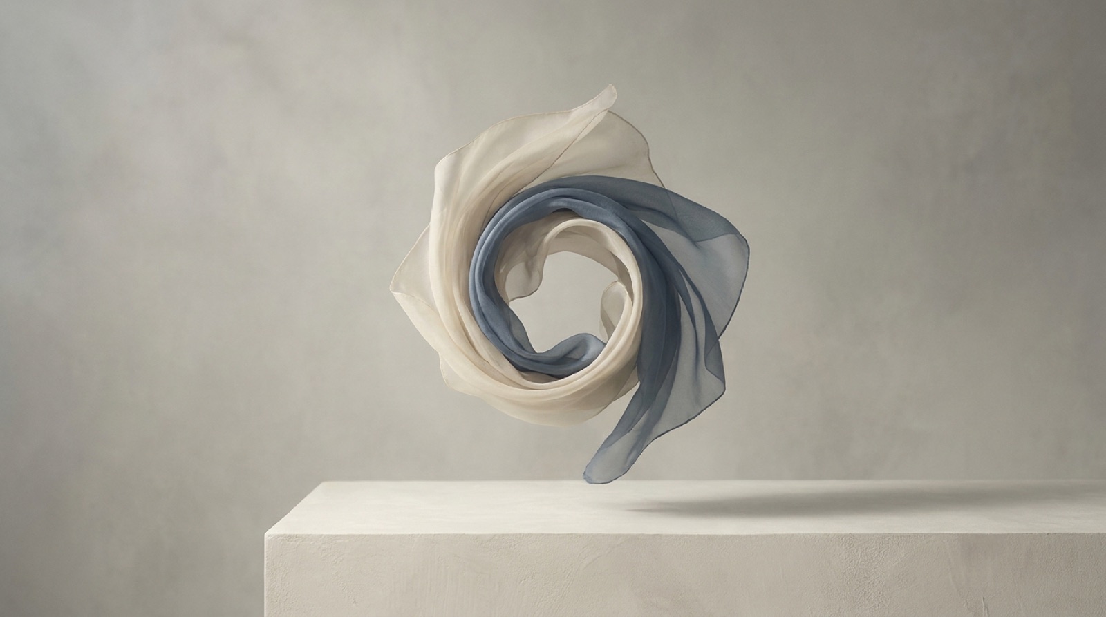 Flowing silk fabric in cream and slate blue, frozen mid-motion